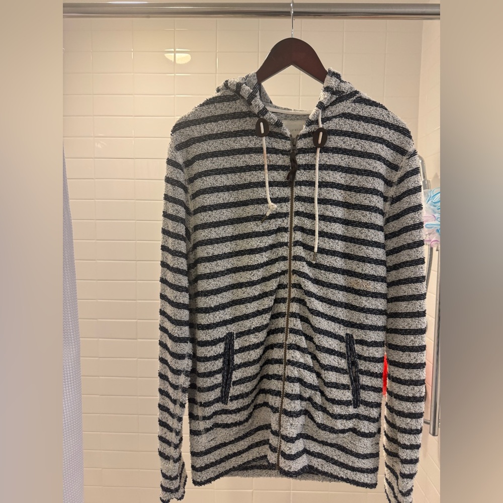 Billy Reid Black and Gray Striped Zip-Up Sweater